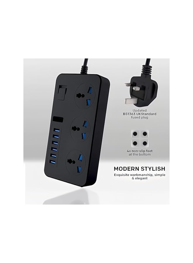 promass Universal Power Strips 3 Way Outlets 6 (3.1A) Usb Ports, Surge Protection Socket Switch Portable Charger 2 Meters Wall Adapter Cord, Fuse & Power Extension Lead.. (Black) - Image 5