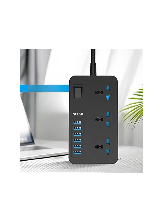 promass Universal Power Strips 3 Way Outlets 6 (3.1A) Usb Ports, Surge Protection Socket Switch Portable Charger 2 Meters Wall Adapter Cord, Fuse & Power Extension Lead.. (Black) - Image 3