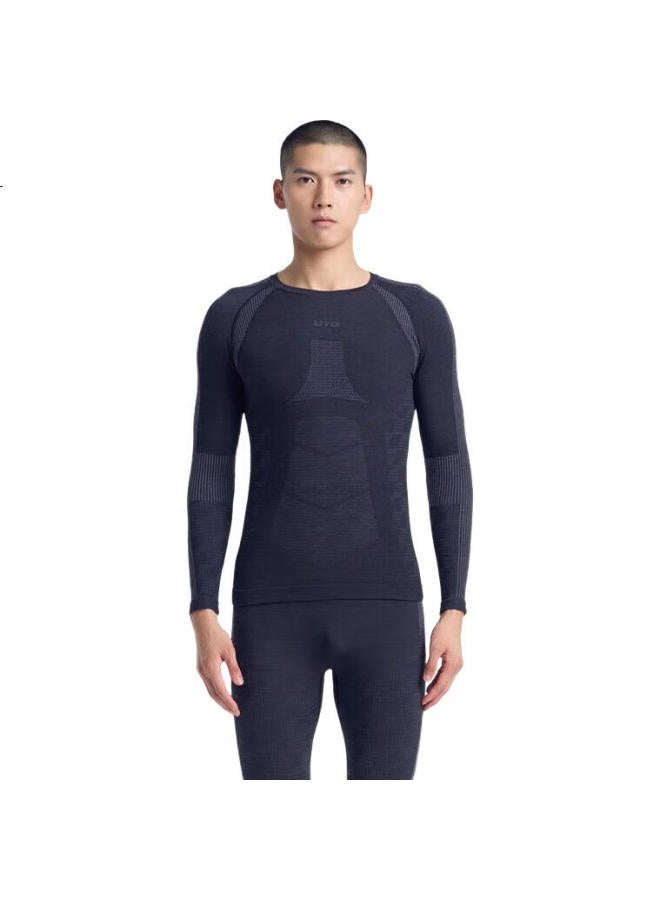 UTO قميص ميرينو الصوف سريع الجفاف للرجال، طبقة أساسية للتزلج في الهواء الطلق، تصميم رياضي دافئ وضاغط، أسود-رمادي، XL - Image 3