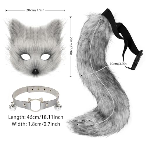 hbbhml Faux Fur Fox Mask Wolf Cat Fluffy Tail and Leather Necklace Set Halloween Party Costume Accessory - Image 3