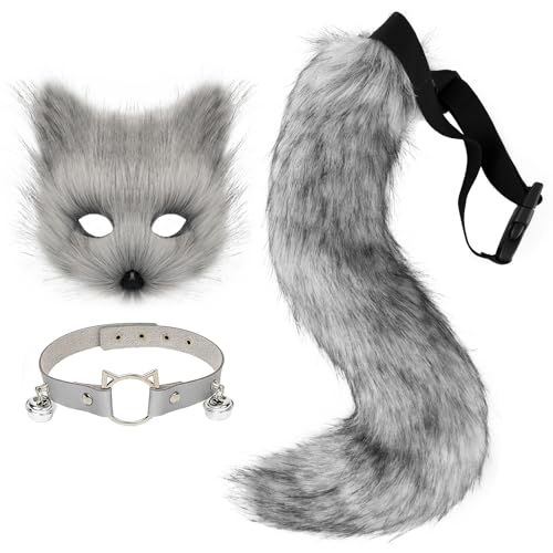 hbbhml Faux Fur Fox Mask Wolf Cat Fluffy Tail and Leather Necklace Set Halloween Party Costume Accessory - Image 1