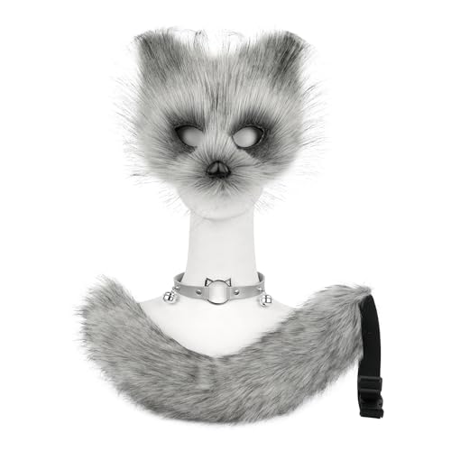 hbbhml Faux Fur Fox Mask Wolf Cat Fluffy Tail and Leather Necklace Set Halloween Party Costume Accessory - Image 2