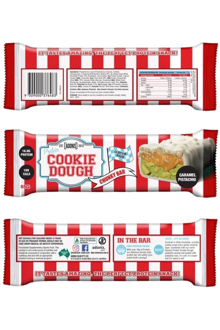 آدونیس بار بروتين شوكولاتة كراميل فستق - 55 غ، قليل السكر، غني بالبروتين، خالٍ من الغلوتين، مناسب لحمية الكيتو مع قطع شوكولاتة حقيقية، عبوة من 12 قطعة - Image 2