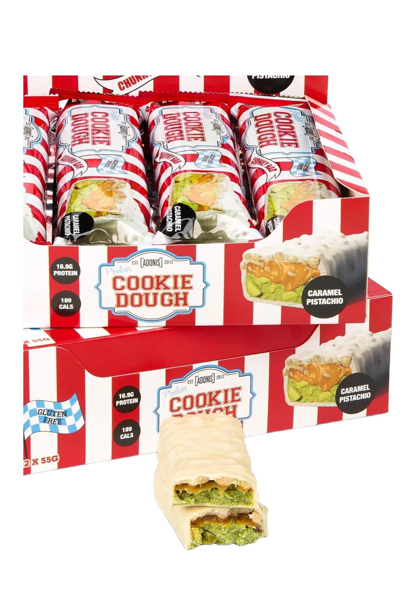 آدونیس بار بروتين شوكولاتة كراميل فستق - 55 غ، قليل السكر، غني بالبروتين، خالٍ من الغلوتين، مناسب لحمية الكيتو مع قطع شوكولاتة حقيقية، عبوة من 12 قطعة - Image 1