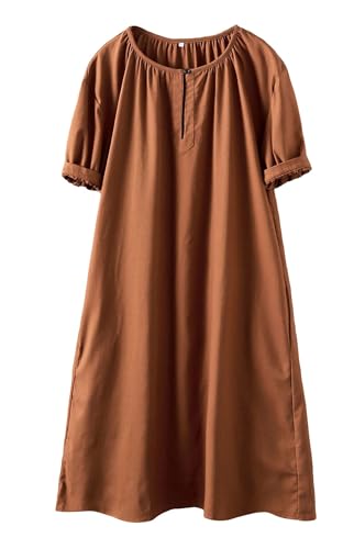 Minibee Women's Cotton Linen Dress Short Sleeve Midi Casual Tunic Dress with Pockets Orange M - Image 5