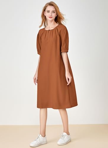 Minibee Women's Cotton Linen Dress Short Sleeve Midi Casual Tunic Dress with Pockets Orange M - Image 3