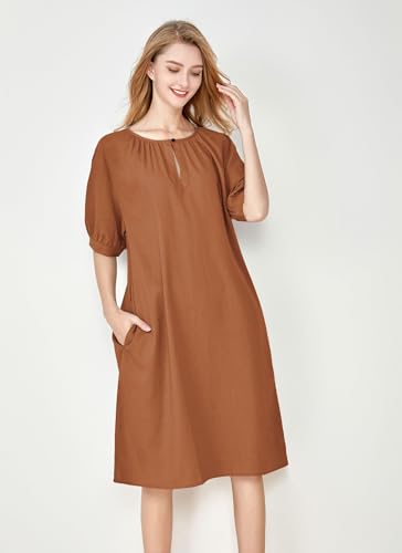 Minibee Women's Cotton Linen Dress Short Sleeve Midi Casual Tunic Dress with Pockets Orange M - Image 2