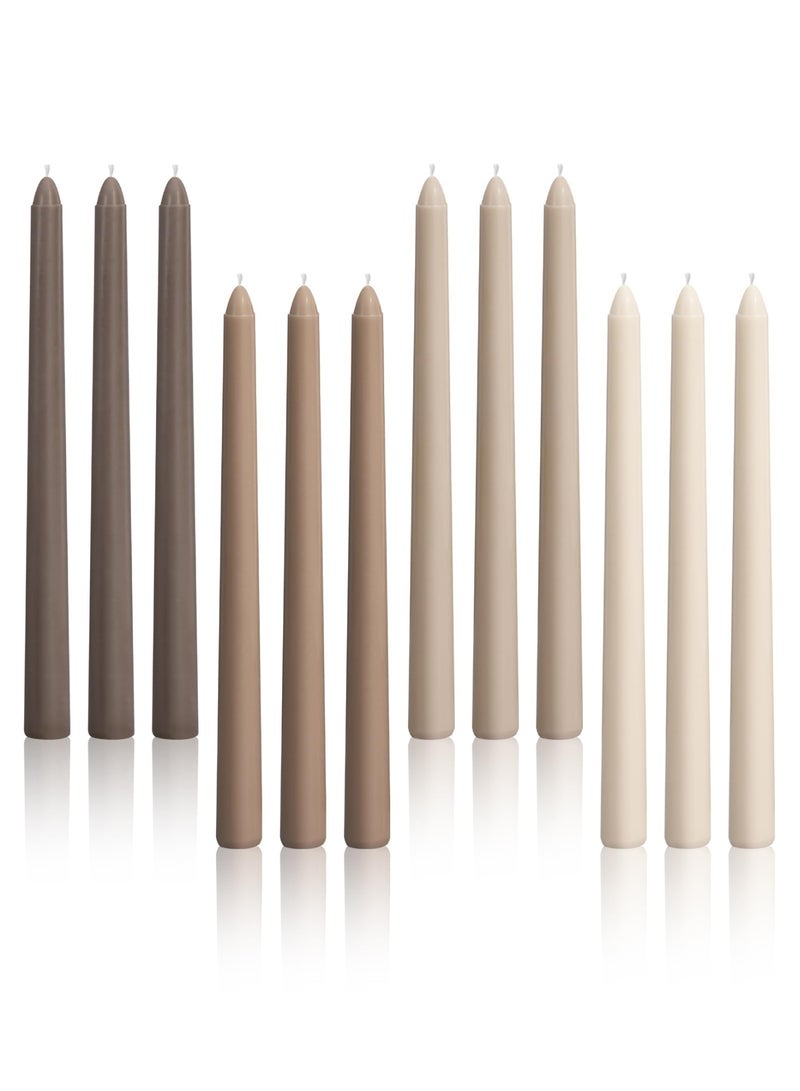 شموع مدببة مقاس 10 بوصات، لون بني، مجموعة من 12 شمعة طويلة مدببة بدون رائحة، بدون تنقيط، بدون دخان، مناسبة لحفلات الزفاف وديكور المنزل والعشاء، سلسلة ألوان طبيعية - Image 1