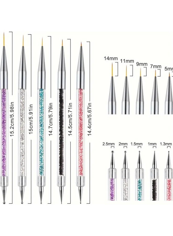 JS 5 Pcs Double Ended Nail Art Brushes, Nail Art Pen, Dotting Tools Set, Liner Brush for Home DIY and Salon with Shiny Handles - Image 2