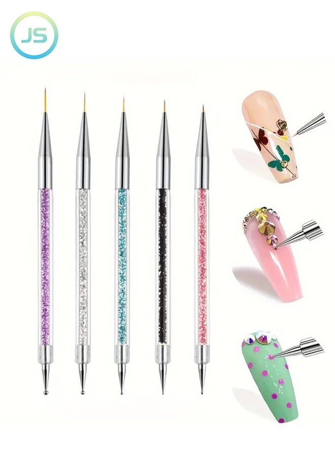 JS 5 Pcs Double Ended Nail Art Brushes, Nail Art Pen, Dotting Tools Set, Liner Brush for Home DIY and Salon with Shiny Handles - Image 1