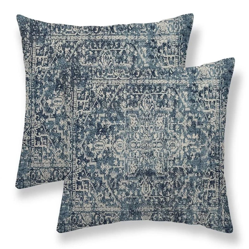 Sunshineyan Navy Blue Boho Pillow Covers 18x18 Set of 2 Carpet Pattern Outdoor Decorative Throw Pillows Ethnic Rustic Farmhouse Cushion Cases Linen Gifts for Couch Sofa Decor