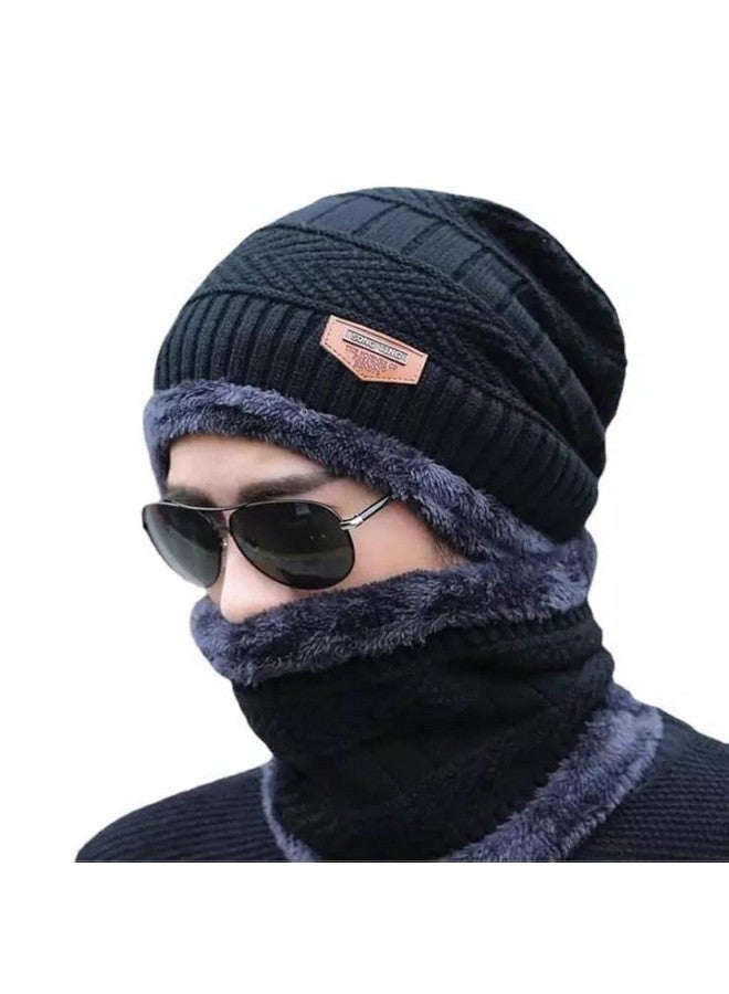 Brand Conquer Wool Beanie Cap & Muffler Set for Men & Women - Winter Woolen Headwear With Neck Warmer - Soft Black, Free Size - Image 1