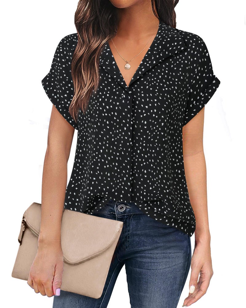 Timeson Short Sleeve Blouses for Women: Office Work - Business Casual Tops for Women - Woman's Dress Shirts Summer Professional Attire Chiffon Ladies Tops Cute Interview Formal Clothes Black Dots L - Image 1