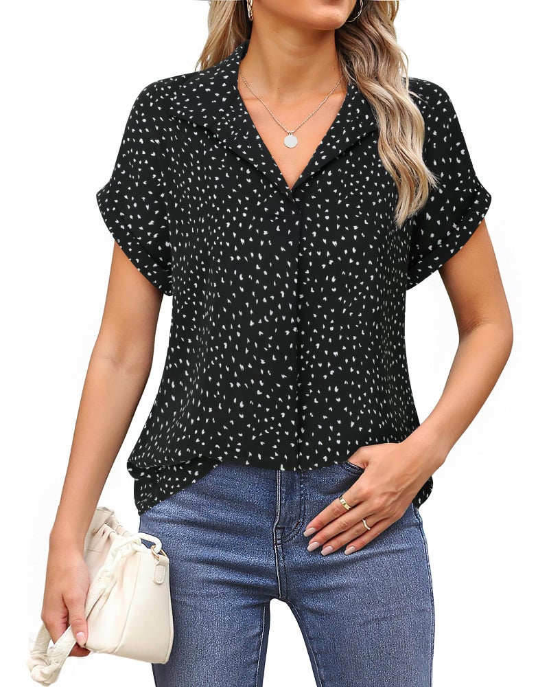 Timeson Short Sleeve Blouses for Women: Office Work - Business Casual Tops for Women - Woman's Dress Shirts Summer Professional Attire Chiffon Ladies Tops Cute Interview Formal Clothes Black Dots L - Image 3