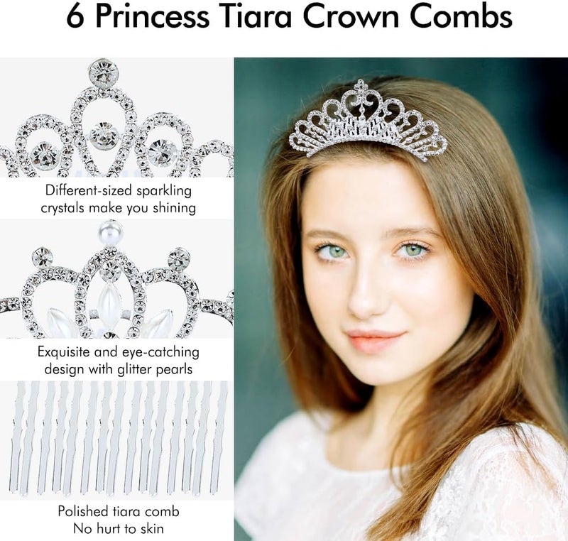 Cinaci 6 Pieces Decorative Wedding Birthday Party Prom Princess Dazzling Pearl Rhinestone Silver Metal Tiara Crown Hair Side Combs Slides Hair Accessories for Kids Teens Girls Women - Image 5