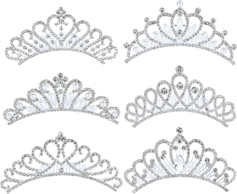 Cinaci 6 Pieces Decorative Wedding Birthday Party Prom Princess Dazzling Pearl Rhinestone Silver Metal Tiara Crown Hair Side Combs Slides Hair Accessories for Kids Teens Girls Women - Image 1