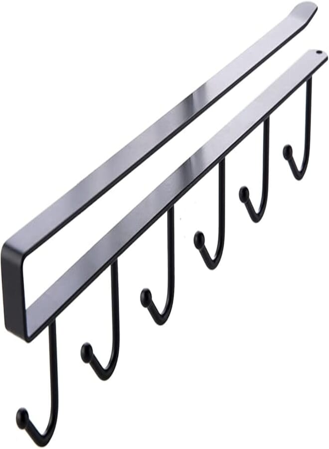 Prextex Pack of 1 Metal Multifunction Under Shelf Coffee Mug Cup Holder Rack Organizer Stand for Kitchen Counter, Cabinet, Table with 6 Hooks - Black