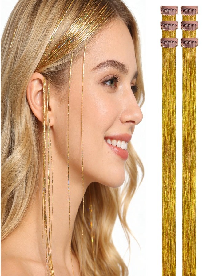 HANDWIG Bronze Gold Clip in Hair Tinsel, 24 Inch 75 Strands Heat Resistant Glitter Hair Extensions, 6 Packs Luxe Fairy Hair for Women New Year Party Wedding Retro Look - Image 1