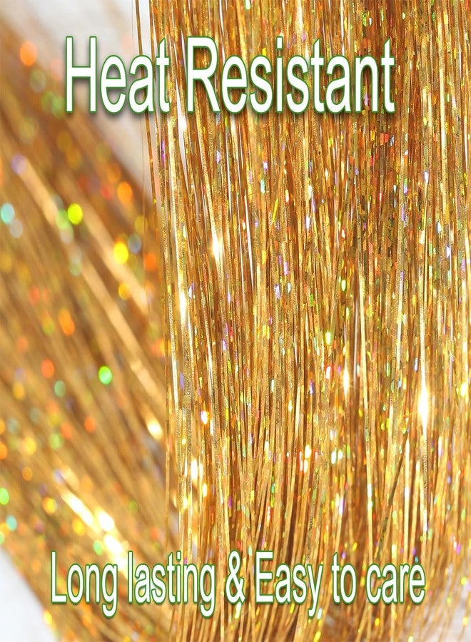 HANDWIG Bronze Gold Clip in Hair Tinsel, 24 Inch 75 Strands Heat Resistant Glitter Hair Extensions, 6 Packs Luxe Fairy Hair for Women New Year Party Wedding Retro Look - Image 3