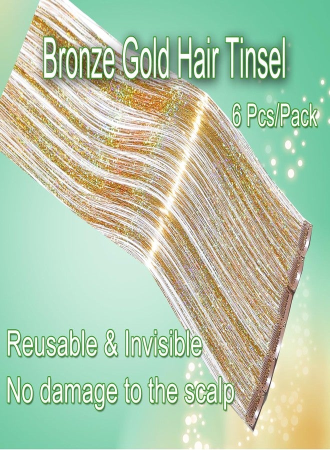 HANDWIG Bronze Gold Clip in Hair Tinsel, 24 Inch 75 Strands Heat Resistant Glitter Hair Extensions, 6 Packs Luxe Fairy Hair for Women New Year Party Wedding Retro Look - Image 5