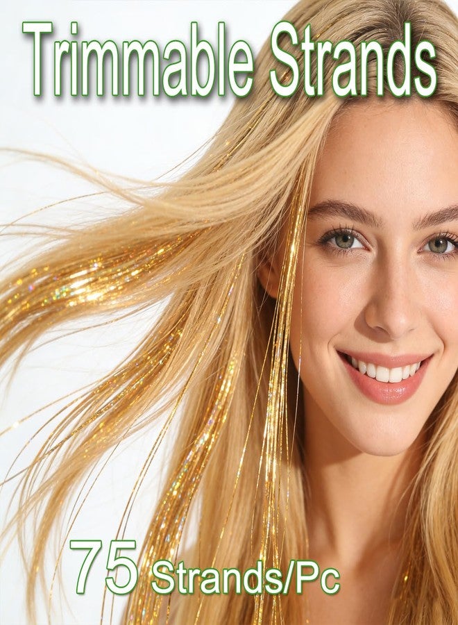 HANDWIG Bronze Gold Clip in Hair Tinsel, 24 Inch 75 Strands Heat Resistant Glitter Hair Extensions, 6 Packs Luxe Fairy Hair for Women New Year Party Wedding Retro Look - Image 2