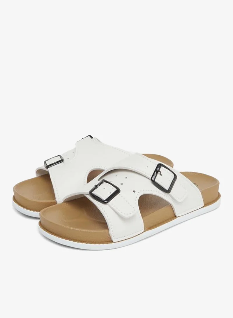 Styli Men White Buckle Slide Sandals