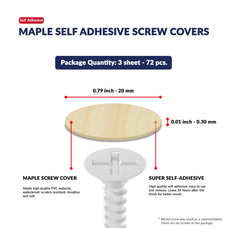 UNMAR Maple Self-Adhesive Screw Hole Stickers - 72 Pcs. 0.79 Inch / 20 Mm Peel Stick Dust Proof Tape, Water Resistance Pvc Caps For Wood Cabinets, Furniture, Drawer, Wardrobe, Kitchen, Table - Image 2