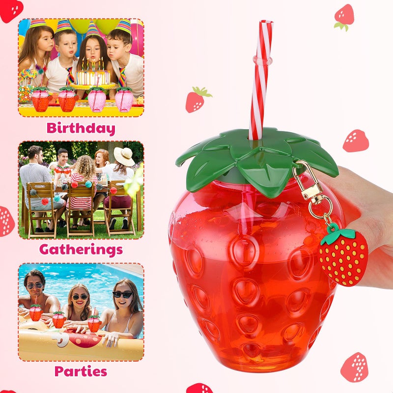 Kawaii Strawberry Plastic Cups with Lids and Straws 4 Pcs for Party Favors Beach Summer Drinks - Image 3