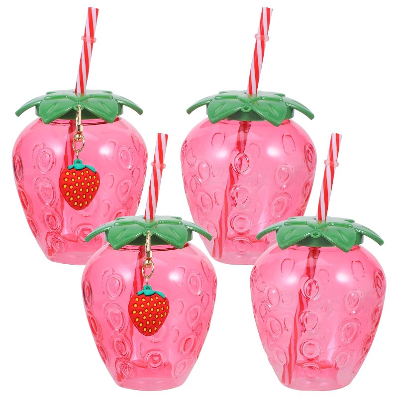 Kawaii Strawberry Plastic Cups with Lids and Straws 4 Pcs for Party Favors Beach Summer Drinks - Image 2