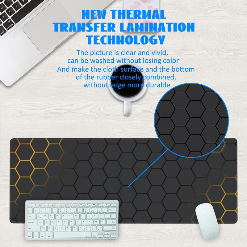 KOAIWPAE Desk Mat, Black Gold Honeycomb Technology Extended Gaming Mouse Pad Large, 31.5"x11.8" Big Mouse Pad with Non-Slip Base and Stitched Edge, Long Computer Keyboard Mouse Mat for Home Office Work - Image 3