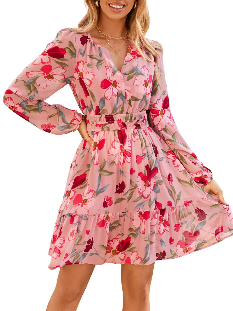 Simplee Womens Fall Floral Mini Dress Long Sleeve Boho Chiffon Short Dress Casual V Neck A Line Party Flowy Dressesï¼ˆPink Floral Sï¼‰ - Image 1