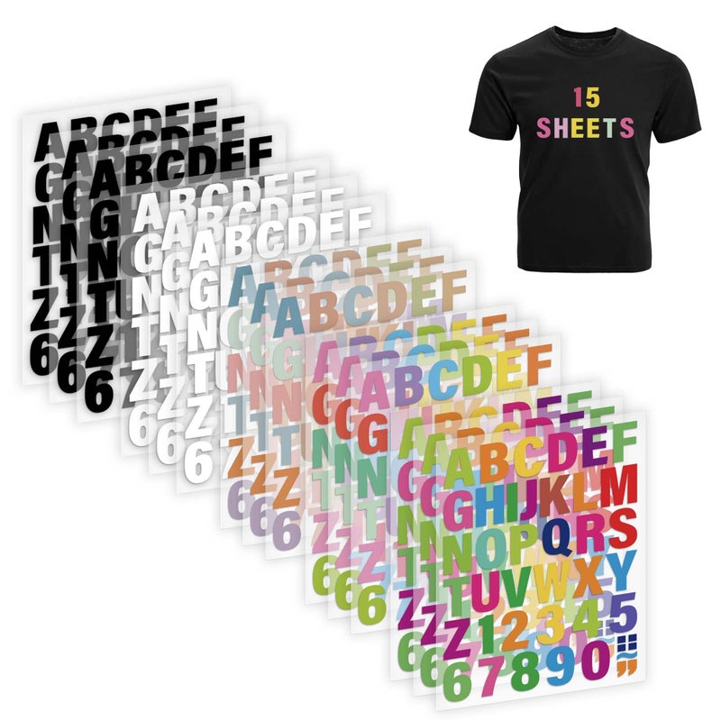 Craftizon Iron on Letters for Clothing - 15 Sheets, 645 Pieces Multiple Colors PU Heat Transfer Vinyl, 2 Inch Alphabet & Numbers Stickers for T-Shirts, Easy DIY - A-Z & 0-9, Perfect for Fabric Crafting - Image 1