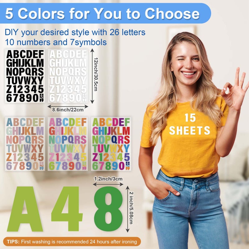 Craftizon Iron on Letters for Clothing - 15 Sheets, 645 Pieces Multiple Colors PU Heat Transfer Vinyl, 2 Inch Alphabet & Numbers Stickers for T-Shirts, Easy DIY - A-Z & 0-9, Perfect for Fabric Crafting - Image 2