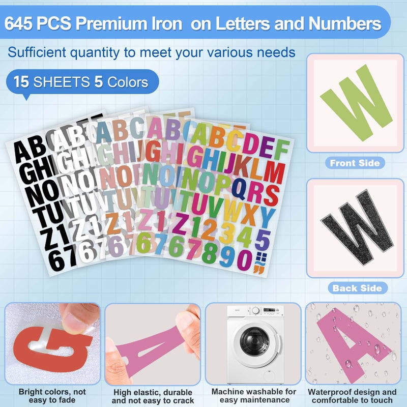 Craftizon Iron on Letters for Clothing - 15 Sheets, 645 Pieces Multiple Colors PU Heat Transfer Vinyl, 2 Inch Alphabet & Numbers Stickers for T-Shirts, Easy DIY - A-Z & 0-9, Perfect for Fabric Crafting - Image 3