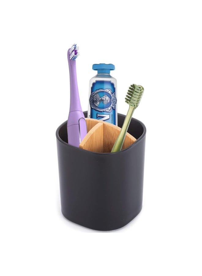 Bamboo Toothbrush Holder for Bathrooms, 3 Slots Toothbrush and Toothpaste Holder Bathroom Counter Organizer for Electric Toothbrushes, Floss, Razors (Black) - Image 1