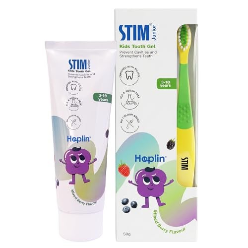 STIM Junior Kids Toothpaste | Age-Appropriate Fluoride | 3-10 Years | Mixed Berry Flavoured | SLS & Colour-Free Toothpaste | Enriched with Xylitol & Vitamin E | (Combo pack with toothbrush) - Image 1