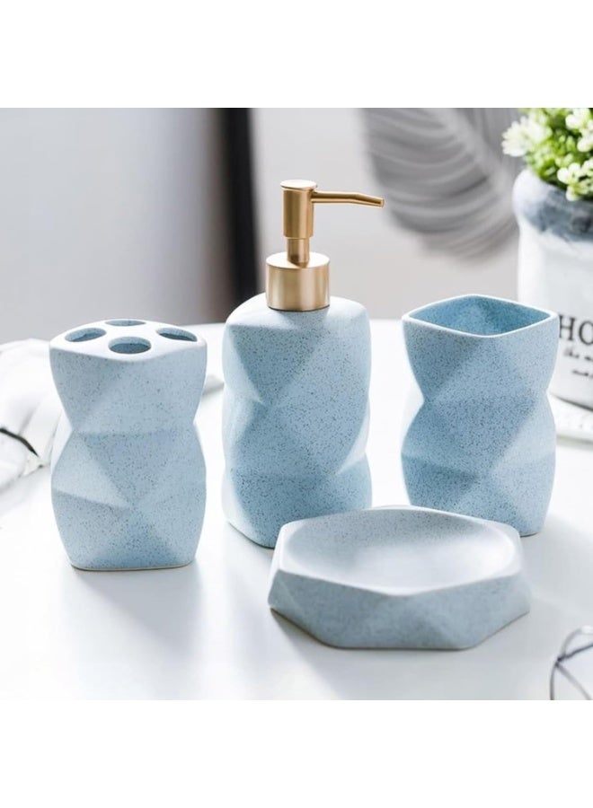 The Better Home 4pcs Ceramic Bathroom Set | Soap Dispenser (380ML), 2 Toothbrush Holders & Soap Holder For Bathroom | Bathroom Accessories Items | Liquid Soap Dispenser For Bathroom | Soap Case | Blue - Image 1