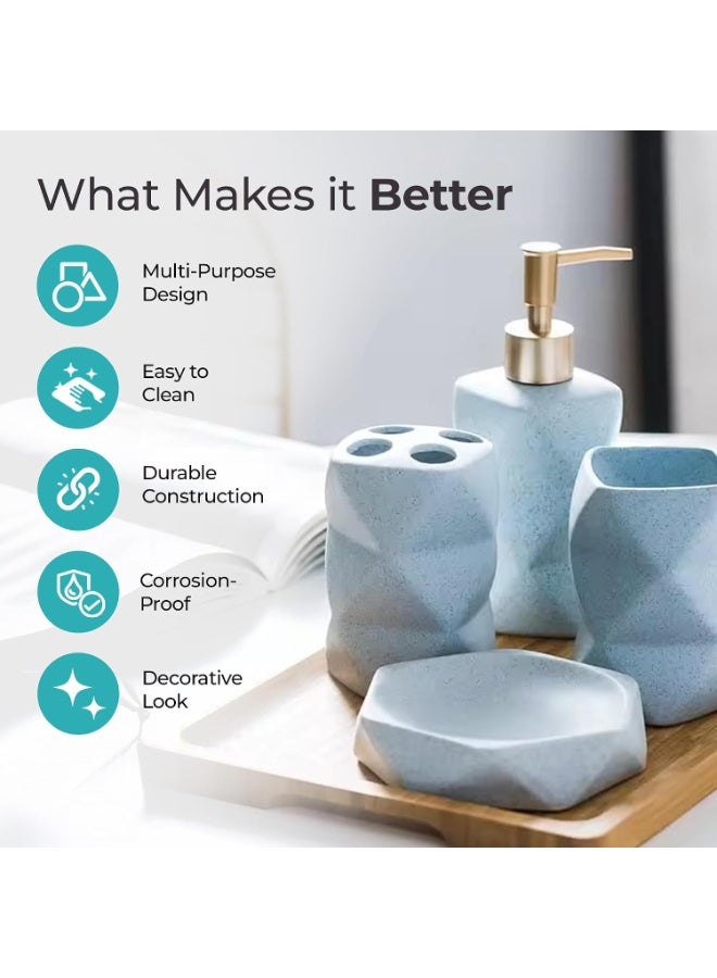 The Better Home 4pcs Ceramic Bathroom Set | Soap Dispenser (380ML), 2 Toothbrush Holders & Soap Holder For Bathroom | Bathroom Accessories Items | Liquid Soap Dispenser For Bathroom | Soap Case | Blue - Image 3