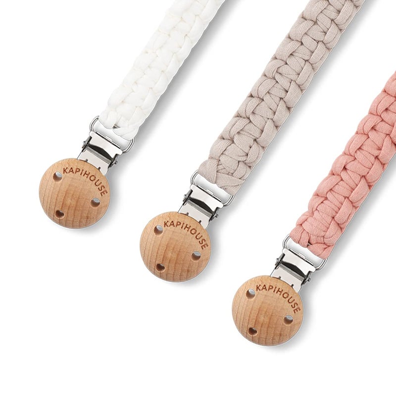 Kapihouse Pacifier Clip for Girl 9.2 Inch Pacifier Leashes woodern Clips Teething Toy with Handmade Braided Cotton Modern Unisex Baby Shower Birthdays Christmas Set (3 Pack Grils) - Image 4