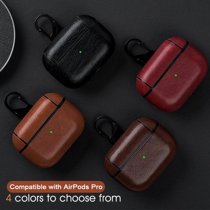 AirPods Pro Case: Light Brown Soft PU Leather Cover - 360-Degree Shockproof Protection Full Charging Port Access Slim Stylish Design With Carabiner Clip for Travel Daily Use - Image 2