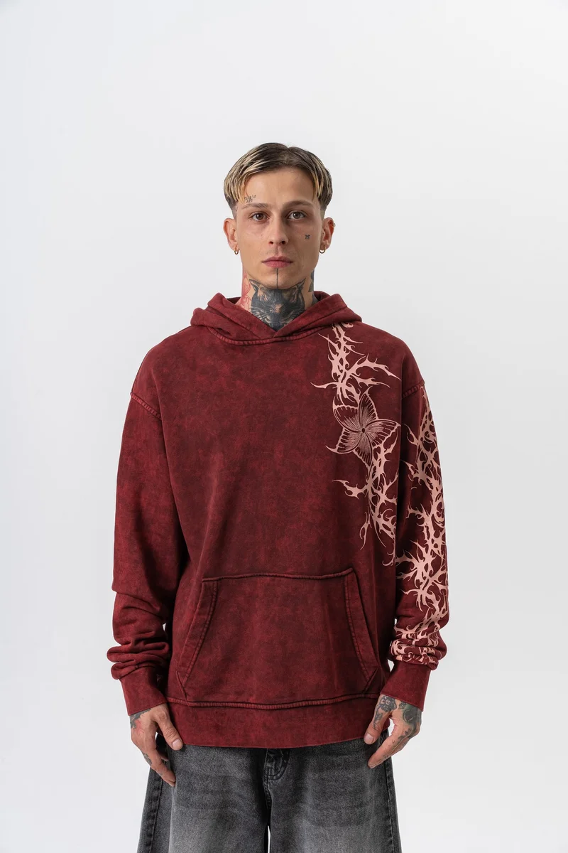 ريسباير هودي رجالي واسع مطبوع بلون عنابي