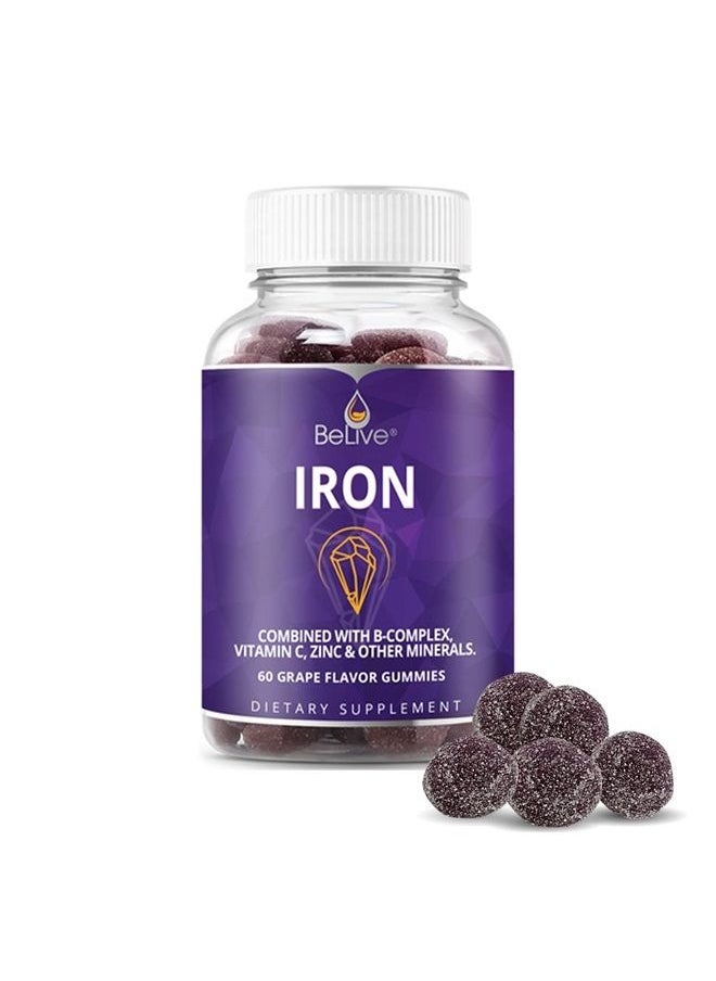 BeLive Iron Gummies - Multivitamin Iron Supplement with Vitamin C, A, B & Zinc, Supports Blood Oxygen, Vegan Iron Supplements for Women, Men & Kids for Growth and Development - Grape Flavor | 1-Pack  - Image 1