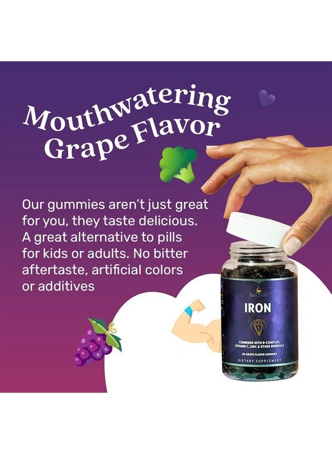 BeLive Iron Gummies - Multivitamin Iron Supplement with Vitamin C, A, B & Zinc, Supports Blood Oxygen, Vegan Iron Supplements for Women, Men & Kids for Growth and Development - Grape Flavor | 1-Pack  - Image 4