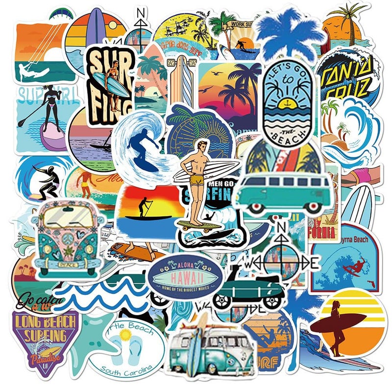 Go Surfing Stickers 50 Pcs Summer Water Sports Waterproof Vinyl Stickers for Surfboard Water Bottles Bicycle Laptop Refrigerator Luggage Computer Mobile Phone Skateboard Bike Decals