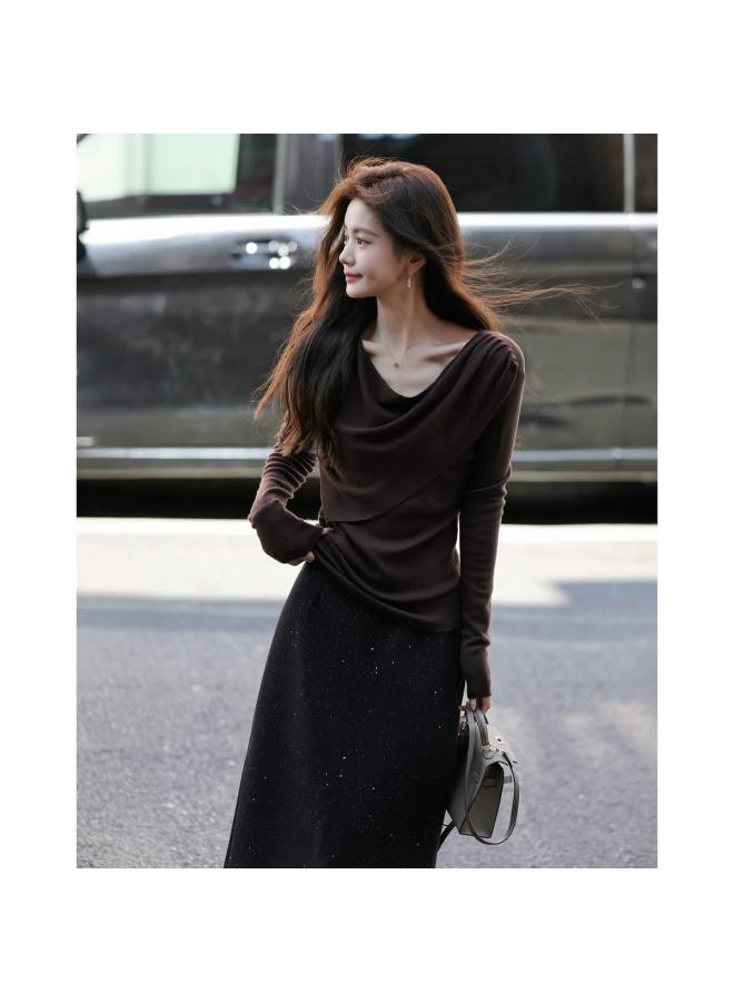 Mtautumn French Vintage Ruched Off-shoulder Slim Wool Blend Knit Sweater For Women - Image 3