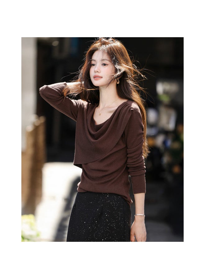Mtautumn French Vintage Ruched Off-shoulder Slim Wool Blend Knit Sweater For Women - Image 1