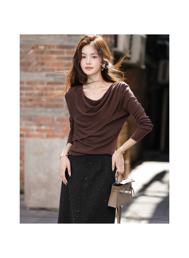 Mtautumn French Vintage Ruched Off-shoulder Slim Wool Blend Knit Sweater For Women - Image 4
