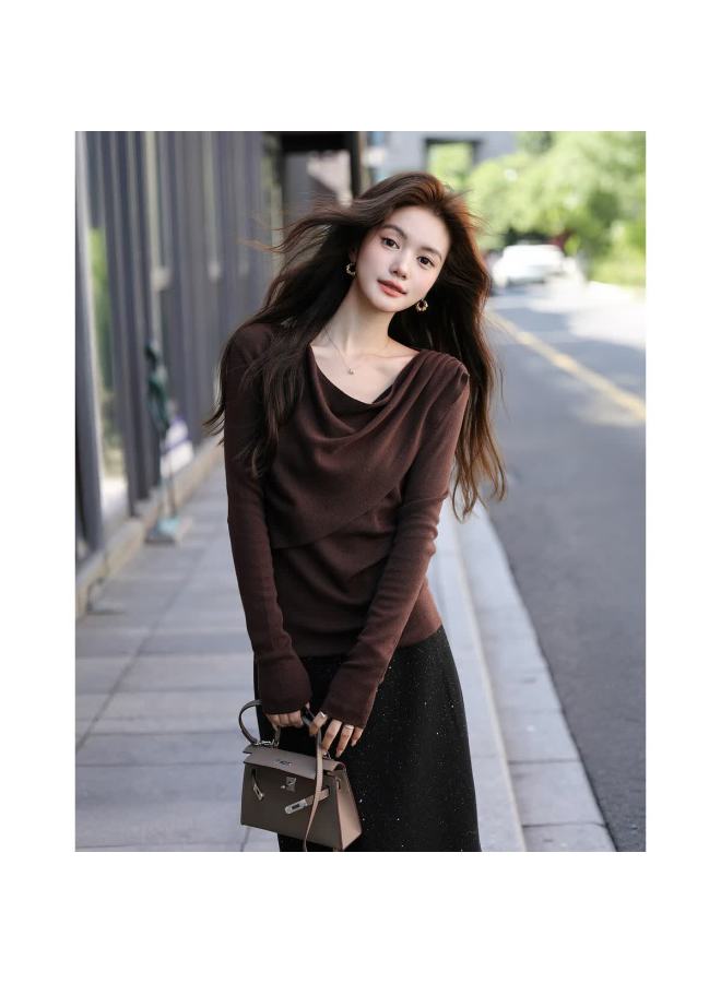 Mtautumn French Vintage Ruched Off-shoulder Slim Wool Blend Knit Sweater For Women - Image 2