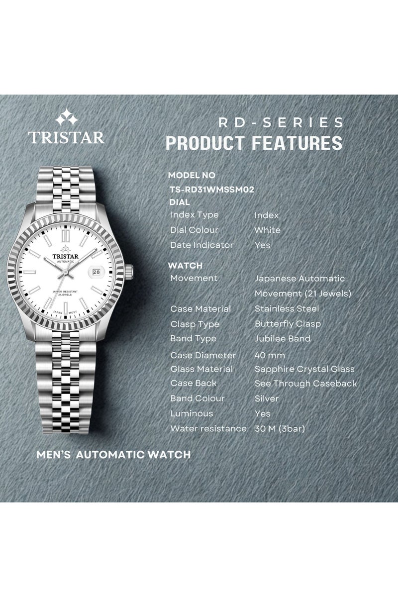 Tristar ساعة أوتوماتيكية يابانية للرجال من سلسلة تريستار RD بقرص أبيض وسوار من الفولاذ المقاوم للصدأ - Image 3