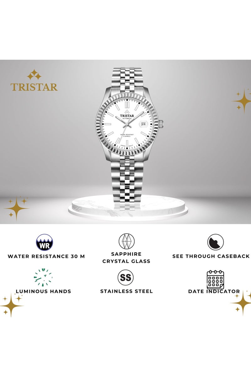 Tristar ساعة أوتوماتيكية يابانية للرجال من سلسلة تريستار RD بقرص أبيض وسوار من الفولاذ المقاوم للصدأ - Image 4